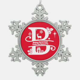 Brev B Monogram första familjen Namn Hälsning Snöflinga Pewter Julgransprydnad