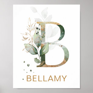 Brev B Monogram Grönt och guld foliage Nursery Poster