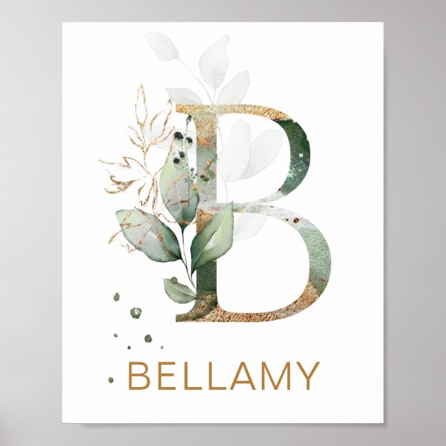 Brev B Monogram Grönt och guld foliage Nursery Poster (Framsidan)