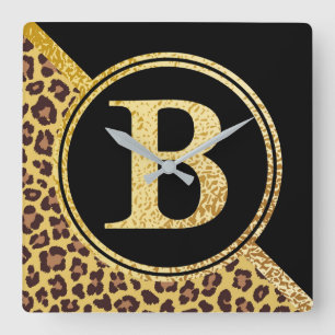 Brev B Monogram Leopard Skriv ut Guld och svart Fyrkantig Klocka