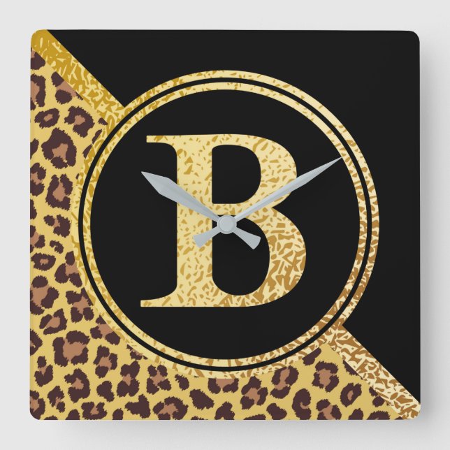 Brev B Monogram Leopard Skriv ut Guld och svart Fyrkantig Klocka (Framsida)