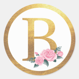 Brev B Monogram Rosa ros Blommigt och Elegant Guld Runt Klistermärke