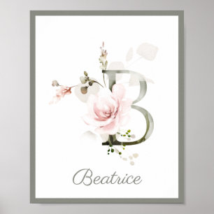 Brev B Monogram Rosa ros Foliage Nursery Poster