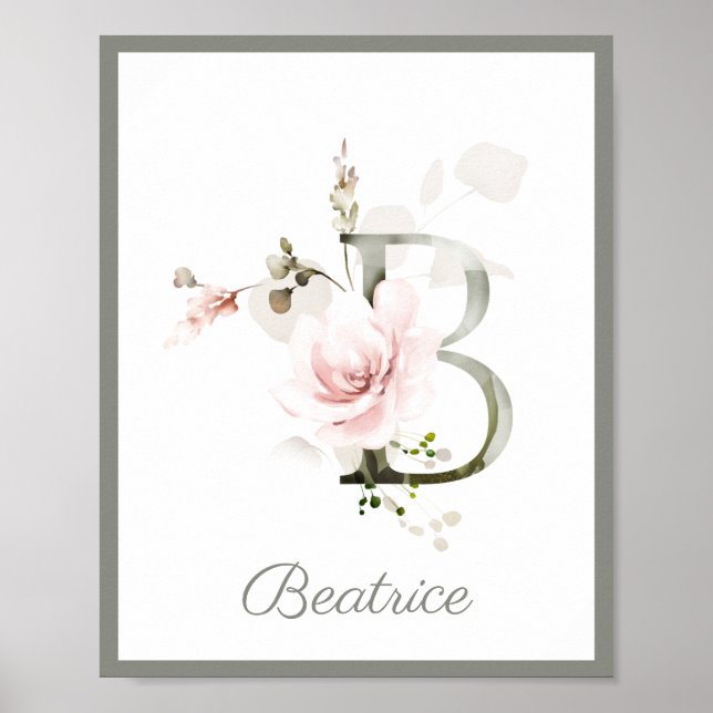 Brev B Monogram Rosa ros Foliage Nursery Poster (Framsidan)