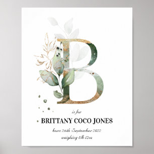 Brev B Nyfödd bebis Monogram Birth Print Greenery Poster