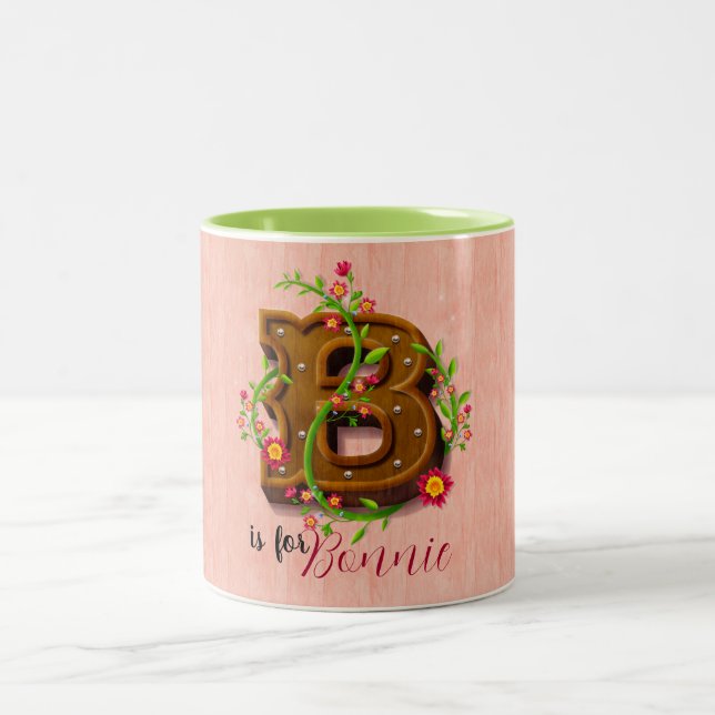 Brev B Träralfabet - Blommigt 3D Inledande Två-Tonad Mugg (Center)