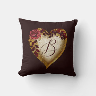 Brev B Vintage Röd ros och Golden löv Heart Kudde
