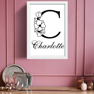 Brev C Blommigt Modern Black Monogram Nursery Poster