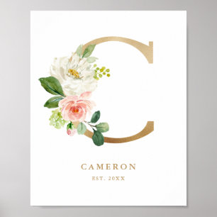 Brev C  Blommigt Monogram Guld Foil Nursery Poster