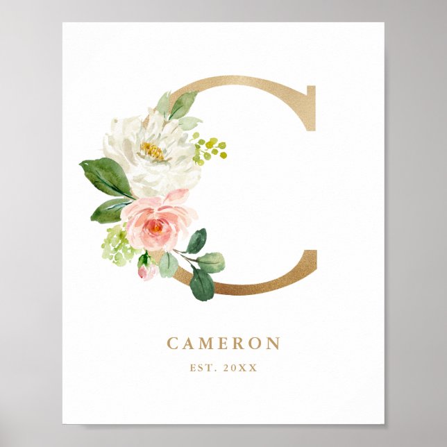 Brev C  Blommigt Monogram Guld Foil Nursery Poster (Framsidan)