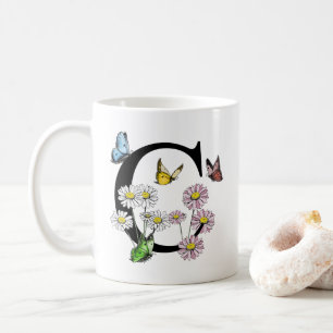 Brev C Botaniskt vattenfärgsfjäril Monogram Kaffemugg