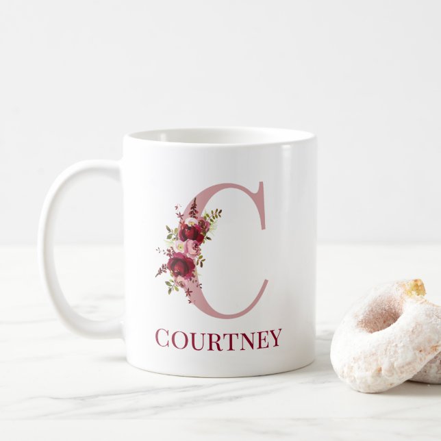 Brev C burgunder rosé floral Kaffemugg (Med munk)
