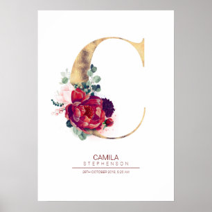 Brev C Monogram Blommigt Burgundy Red och Guld Poster