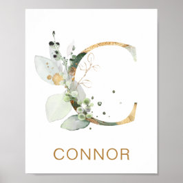 Brev C Monogram Grönt och guld foliage Nursery Poster