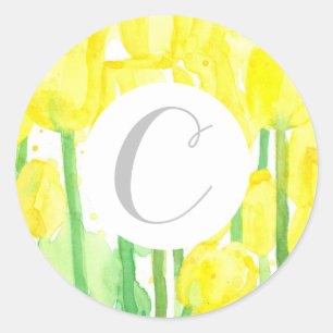 Brev C Monogram Gult Tulip Flowers Runt Klistermärke