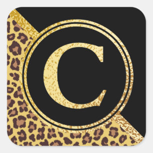 Brev C Monogram Leopard Skriv ut Guld och svart Fyrkantigt Klistermärke