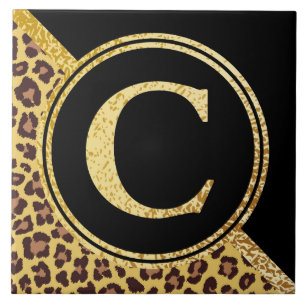 Brev C Monogram Leopard Skriv ut Guld och svart Kakelplatta