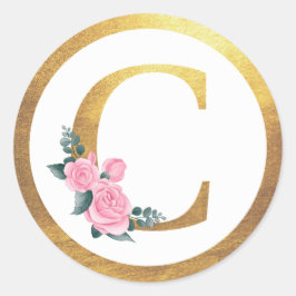 Brev C Monogram Rosa ros Blommigt och Elegant Guld Runt Klistermärke
