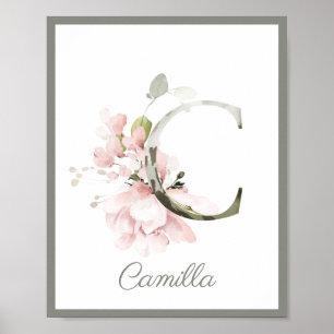 Brev C Monogram Rosa ros Foliage Nursery Poster
