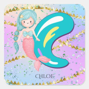 Brev C Monogram Watercolor Cute Sjöjungfru Nursery Fyrkantigt Klistermärke