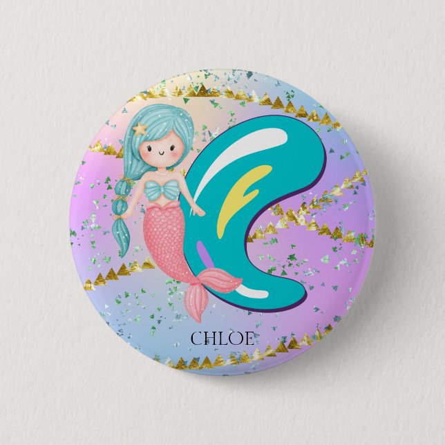 Brev C Monogram Watercolor Cute Sjöjungfru Nursery Knapp (Framsida)