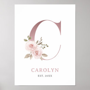 Brev C Monogram Watercolor Ro Blommigt Nursery Poster