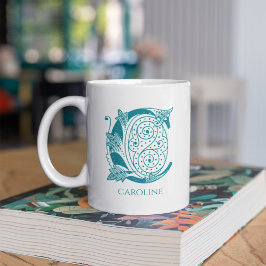 Brev C Teal Monogram Modern Namn Kaffemugg