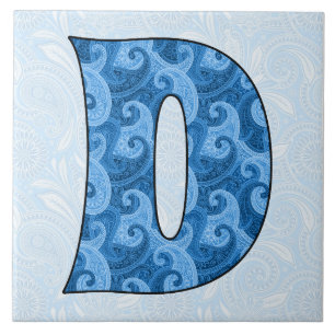 Brev D - 6-tumsbricka i Monogrammed Blue Paisley Kakelplatta