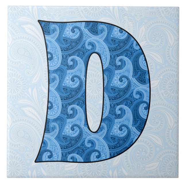 Brev D - 6-tumsbricka i Monogrammed Blue Paisley Kakelplatta (Framsidan)
