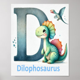 Brev D, Dinosaur Alphabet Watercolor Poster