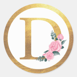 Brev D Monogram Rosa ros Blommigt och Elegant Guld Runt Klistermärke