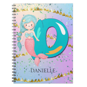 Brev D Monogram Watercolor Cute Sjöjungfru Nursery Anteckningsbok