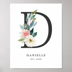 Brev D Monogram Watercolor Peach Blommigts Nursery Poster