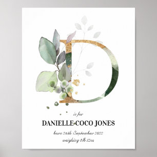 Brev D Nyfödd bebis Monogram Birth Print Greenery Poster