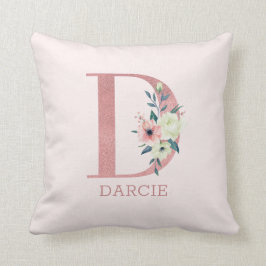 Brev D Rosa Watercolor Blommigt Monogram Nursery Kudde