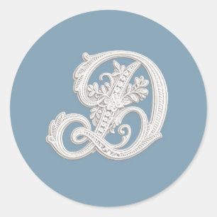 Brev D Vit Broderad Look Monogram valfri färg Runt Klistermärke