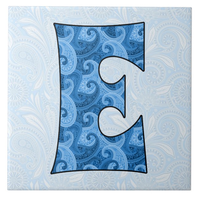 Brev E - 6-tumsbricka i monogrammet Blue Paisley Kakelplatta (Framsidan)