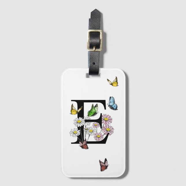 Brev E Blommigt Butterfly Monogram Initial Bagagebricka (Framsida vertikal)