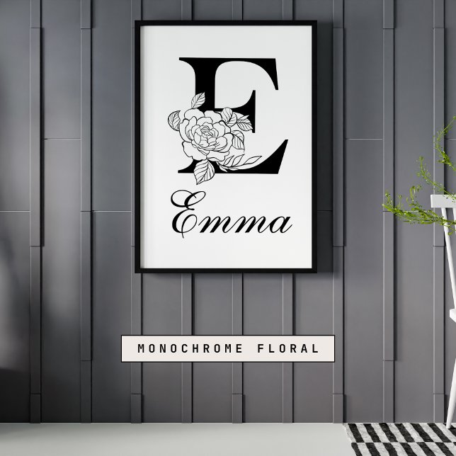 Brev E Blommigt Modern Black Monogram Nursery Poster (Skapare uppladdad)