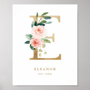 Brev E  Blommigt Monogram Guld Foil Nursery Poster