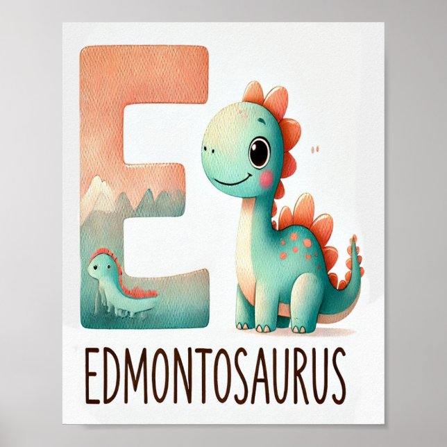 Brev E, Dinosaur Alphabet Watercolor Poster (Framsidan)