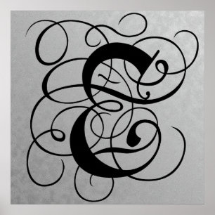 Brev E, gotiic Monogram Black Poster