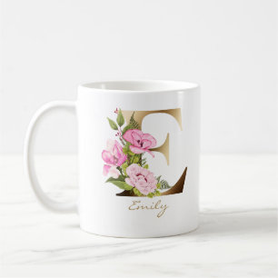 BREV E Guld Monogram Arrangemang Blommigt för Kaffemugg