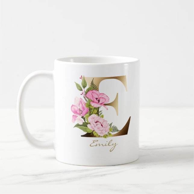BREV E | Guld Monogram | Arrangemang Blommigt för  Kaffemugg (Vänster)