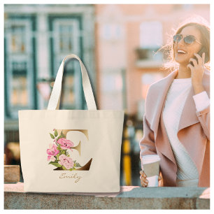 Brev E Guld Monogram Rosa Flowers Jumbo Tygkasse