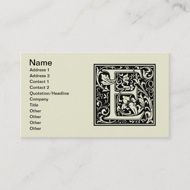 Brev E Medieval Monogram Art nouveau Visitkort (Framsida)