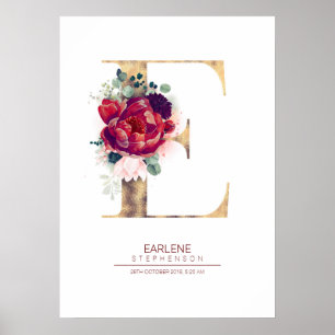 Brev E Monogram Blommigt Burgundy Red och Guld Poster