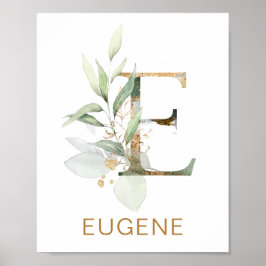 Brev E Monogram Grönt och guld foliage Nursery Poster
