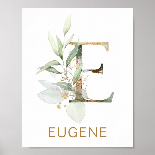 Brev E Monogram Grönt och guld foliage Nursery Poster (Framsidan)