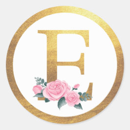 Brev E Monogram Rosa ros Blommigt och Elegant Guld Runt Klistermärke